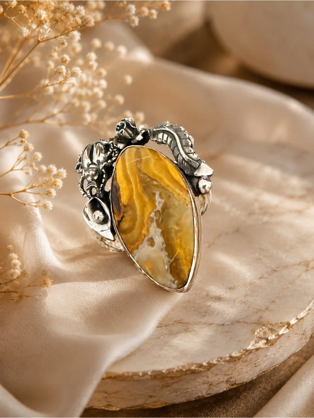 925 Sterling Silver Yellow Jasper Beetle Statement Ring - Women Jewelry